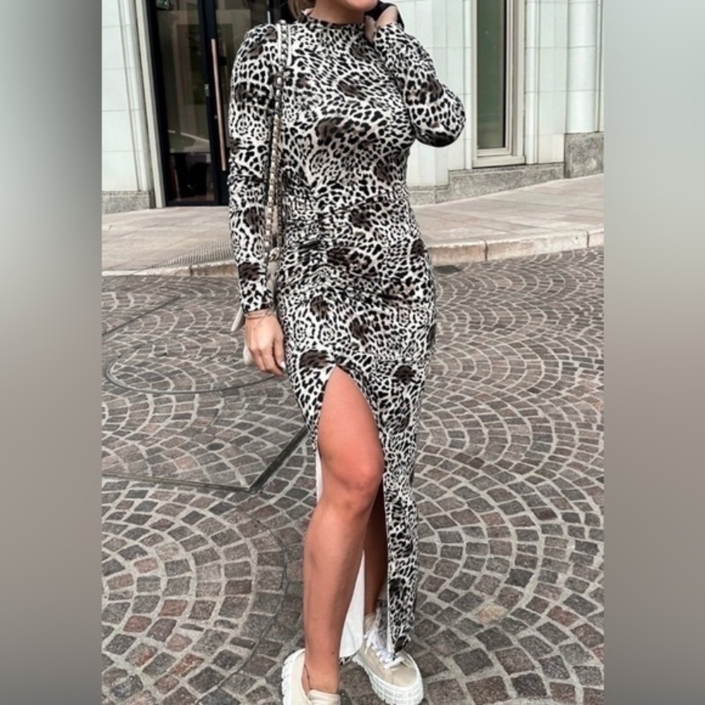 Leopard Print Maxi Dress with Front Slit - Black & White